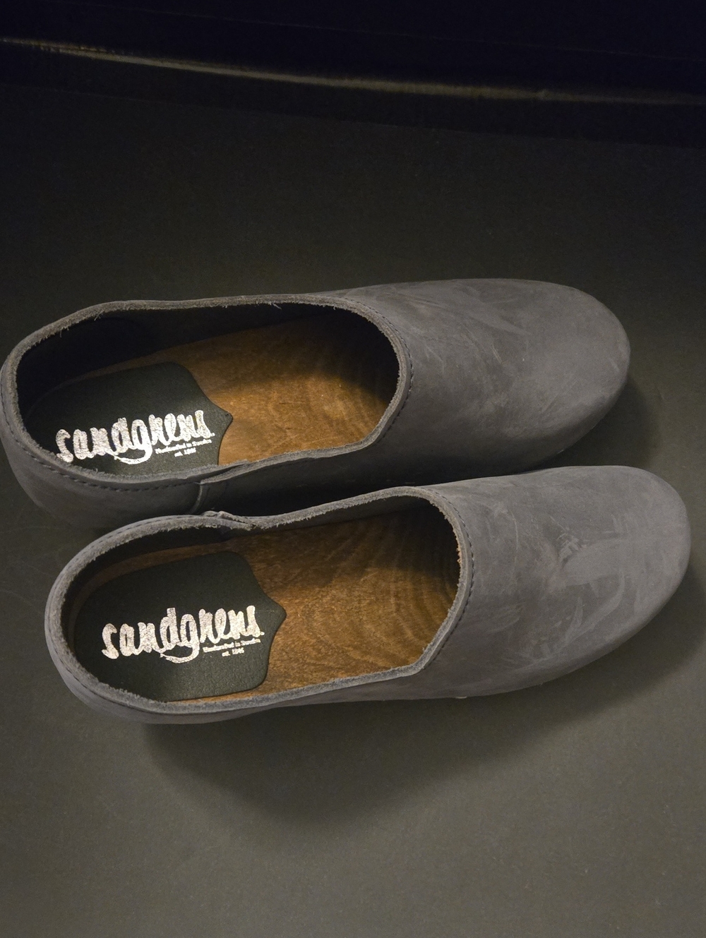 Sandgreen Women’s Closed Back Leather Mules in Charcoal Gray